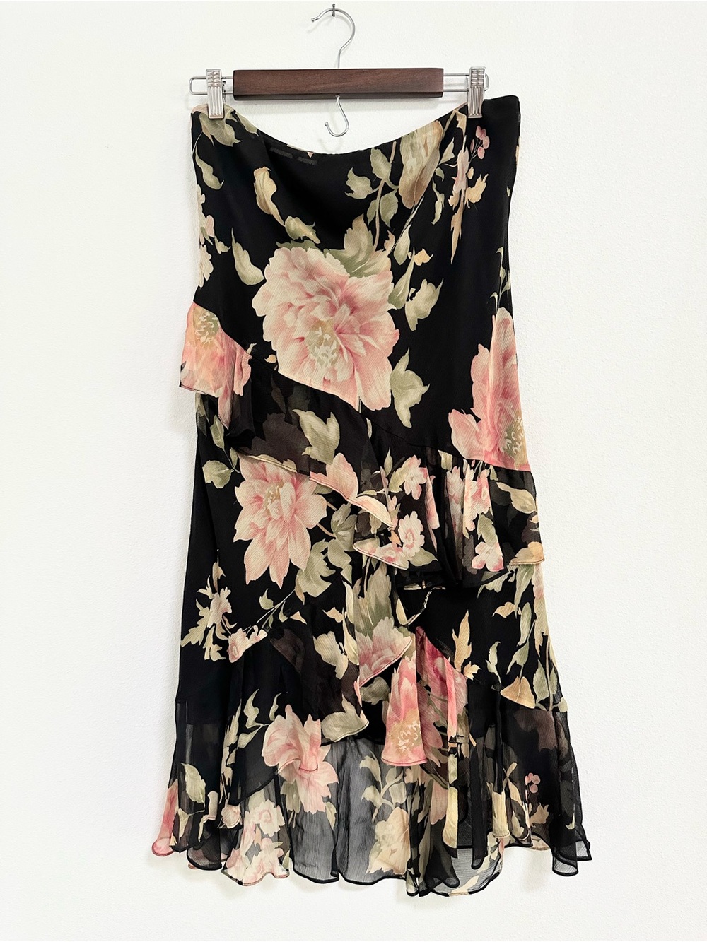 Lauren Ralph Lauren 100% Silk Floral Ruffle Midi Skirt Black Pink Size 10 Flaw